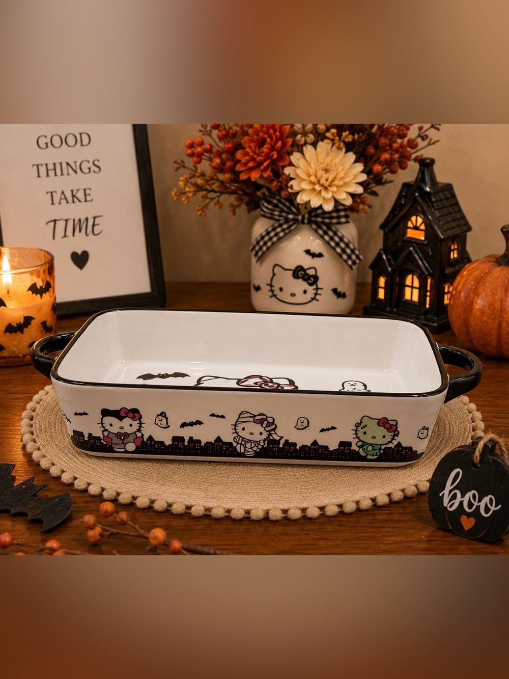 Hello Kitty Ceramic Baking Dish - White with Black, Pink & Green Accents